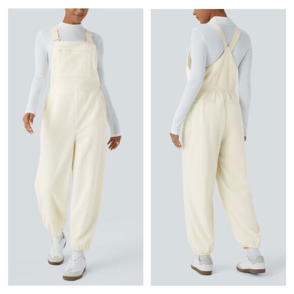 HALARA Pants - HALARA Fleece Jogger Overalls Women XS Cream Adjustable Strap Pockets Casual NEW